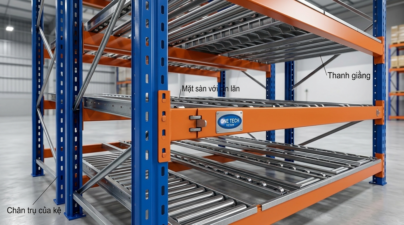 Cấu tạo kệ chứa hàng flowrack tại Nghệ An Cấu tạo kệ chứa hàng flowrack gồm khung thép beam và ray con lăn