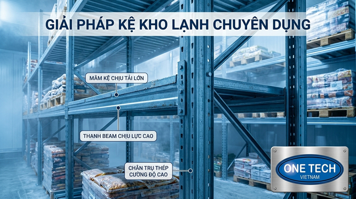 Cấu tạo kệ kho lạnh công nghiệp Cấu tạo kệ kho lạnh công nghiệp gồm chân trụ thanh beam và mâm kệ