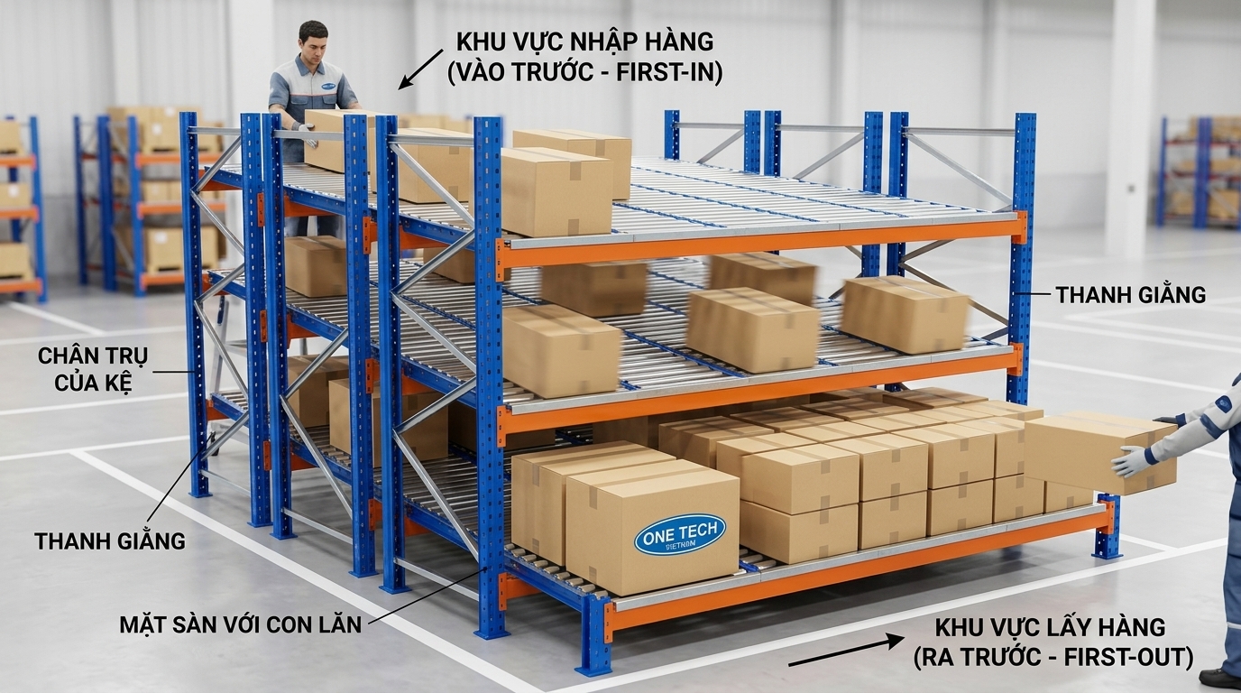 Kệ con lăn hỗ trợ FIFO cho kho hàng Nghệ An Kệ con lăn Nghệ An vận hành theo nguyên tắc nhập trước xuất trước