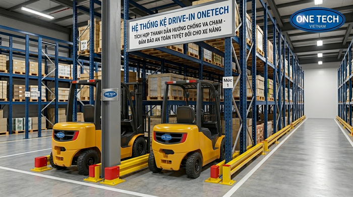 Kệ drive in có thanh dẫn hướng Kệ drive in có thanh dẫn hướng xe nâng chống va chạm