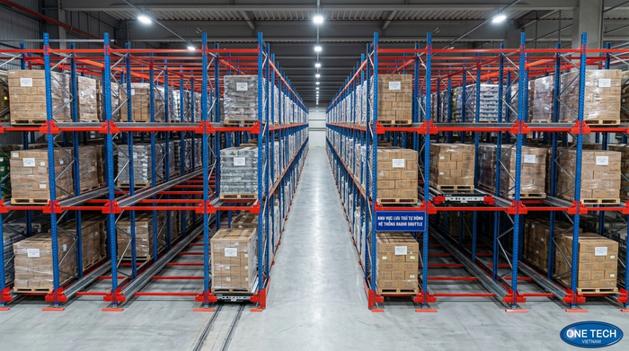 Kệ pallet racking tự động với robot lưu trữ trong kho công nghiệp