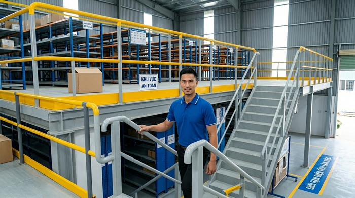 Lan can cầu thang kệ sàn mezzanine Nghệ An Lan can và cầu thang kệ sàn mezzanine Nghệ An