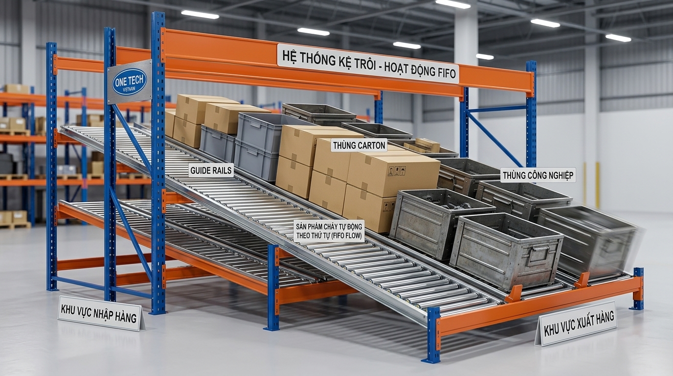 Nguyên lý vận hành kệ con lăn flowrack Nguyên lý hoạt động của kệ con lăn flowrack trong kho