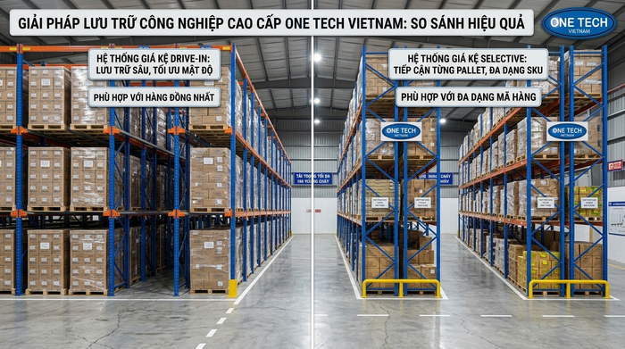So sánh kệ drive in và kệ selective So sánh kệ drive in và kệ selective trong kho pallet