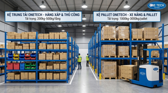 Kệ trung tải và kệ pallet racking So sánh kệ trung tải và kệ pallet racking trong kho công nghiệp