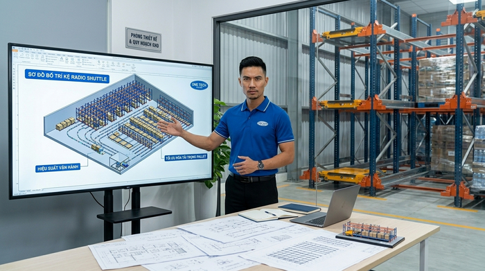 Thiết kế kệ Radio Shuttle Nghệ An theo tải trọng pallet và layout kho