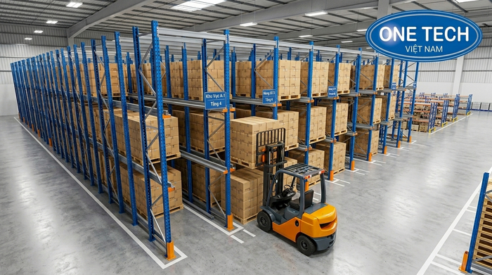 Xe nâng vận hành trong kệ drive in Xe nâng di chuyển vào bên trong hệ thống kệ drive in