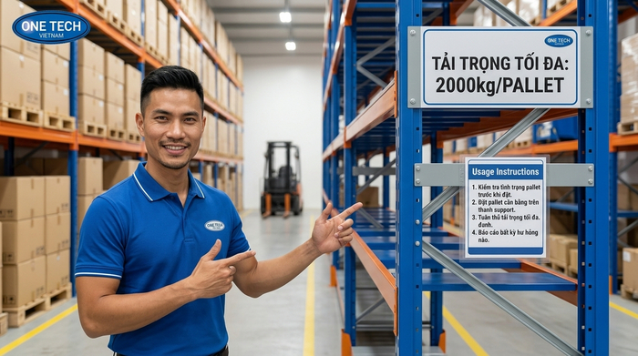 Bàn giao kệ Narrow Aisle có biển tải trọng và hướng dẫn sử dụng