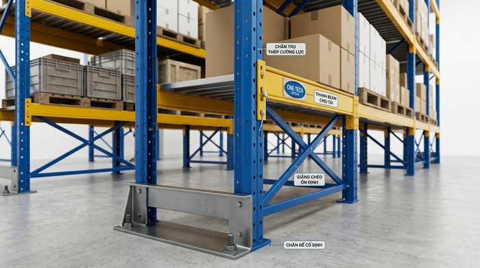 Cấu tạo kệ Narrow Aisle gồm chân trụ thanh beam giằng và chân đế