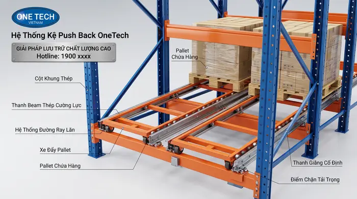 Cấu tạo cơ bản của hệ thống kệ Push Back Nghệ An Cấu tạo Kệ Push Back Nghệ An gồm khung trụ ray trượt xe trượt và giằng