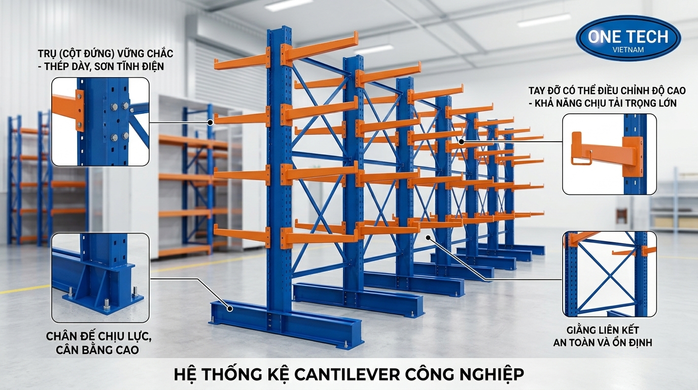 Cấu tạo kệ tay đỡ Cantilever gồm trụ tay đỡ chân đế giằng Cấu tạo kệ tay đỡ Cantilever tại Nghệ An