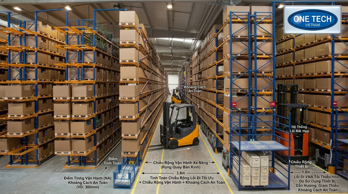Cách tính chiều rộng lối đi cho kệ VNA và kệ Narrow Aisle