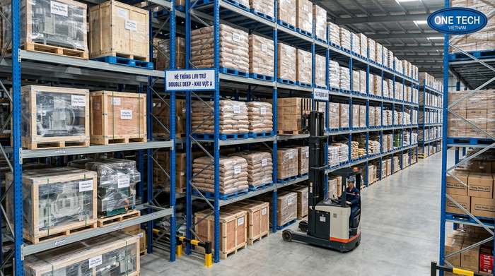 Kệ Double Deep Nghệ An lưu trữ pallet hàng nặng trong kho công nghiệp