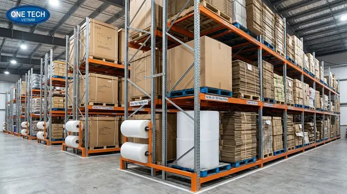 Kệ Push Back cho kho bao bì cần mật độ lưu trữ cao Kệ Push Back Nghệ An dùng trong kho bao bì và hàng cồng kềnh