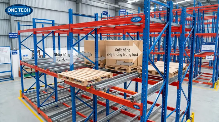 Kệ Push Back Nghệ An hoạt động theo nguyên lý pallet vào sau ra trước Nguyên lý hoạt động của Kệ Push Back Nghệ An trong kho pallet