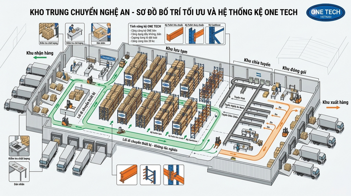 Layout kho trung chuyển Nghệ An với khu nhận hàng lưu tạm và xuất hàng