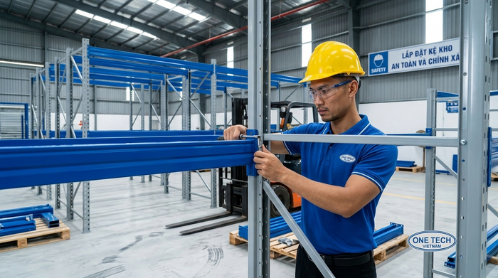 Quy trình lắp đặt kệ Selective Nghệ An Kỹ thuật viên OneTech đang lắp đặt khung kệ Selective tại kho