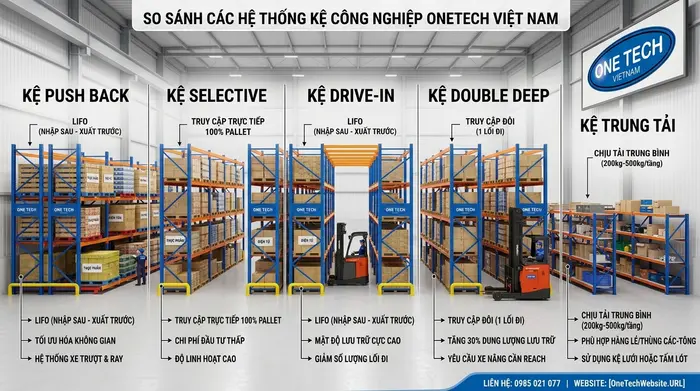 So sánh kệ Push Back với kệ kho công nghiệp khác So sánh Kệ Push Back Nghệ An với các loại kệ pallet công nghiệp
