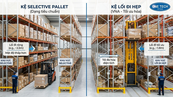 So sánh kệ selective và kệ Narrow Aisle trong cùng diện tích kho
