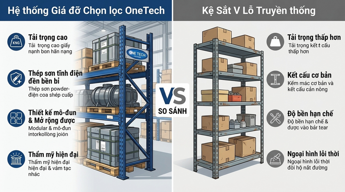 So sánh kệ Selective Nghệ An và kệ truyền thống Bảng so sánh trực quan giữa kệ Selective và kệ sắt V lỗ truyền thống
