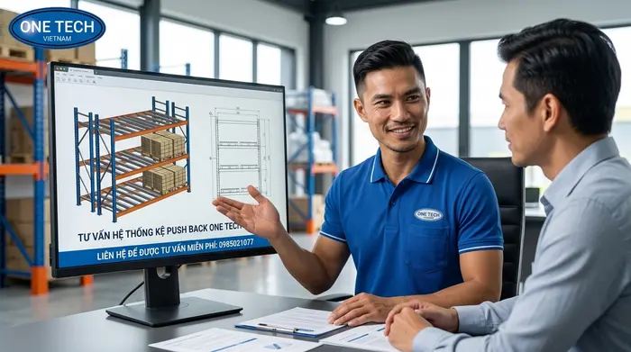 Liên hệ tư vấn Kệ Push Back Nghệ An theo mặt bằng thực tế Tư vấn thiết kế Kệ Push Back Nghệ An bởi Kệ kho hàng Nghệ An trực thuộc OneTech