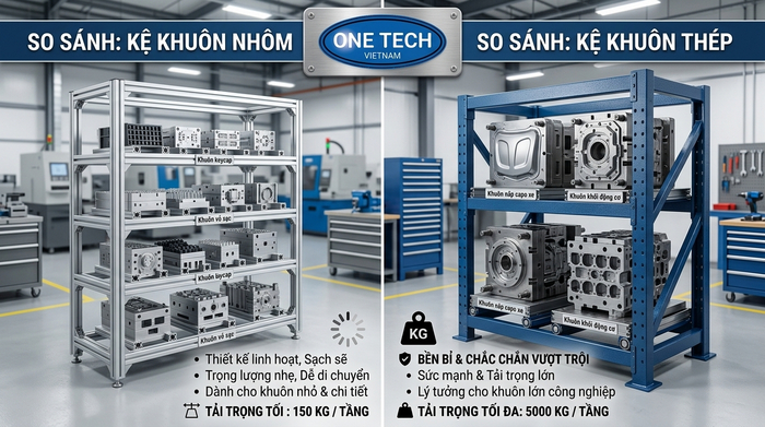 So sánh vật liệu kệ khuôn inox và nhôm định hình