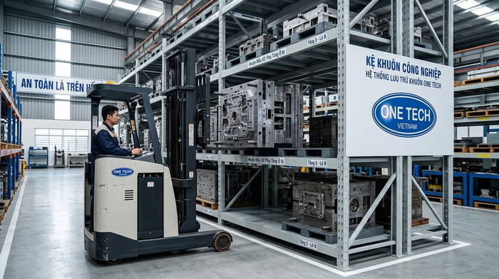 Xe nâng lấy khuôn trên hệ kệ khuôn trong nhà máy