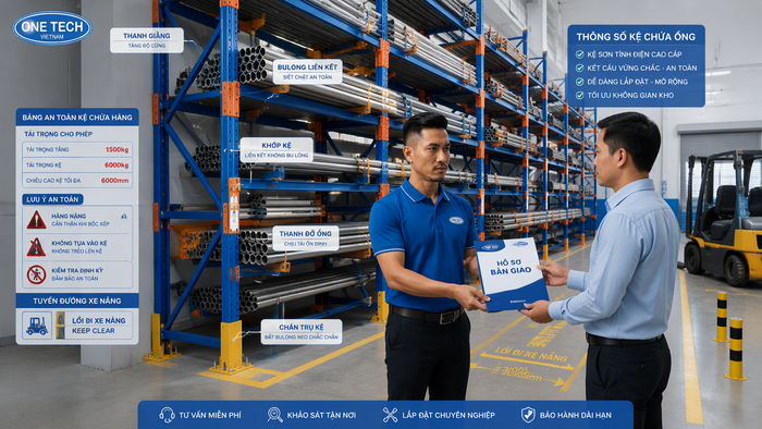 Bàn giao kệ để ống thép sau lắp đặt tại kho