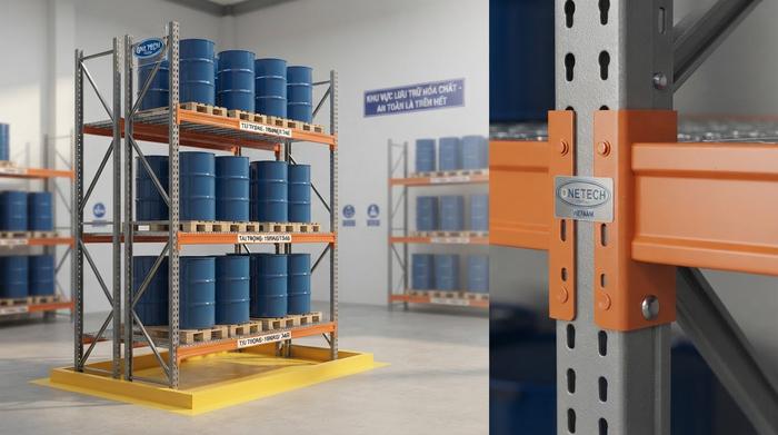 Cấu tạo kệ kho hóa chất chịu tải Cấu tạo kệ kho hóa chất gồm chân trụ beam giằng và mâm tầng