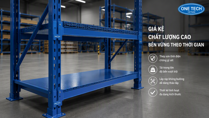 Cấu tạo kệ xếp chồng công nghiệp gồm khung thép chân trụ và mặt sàn