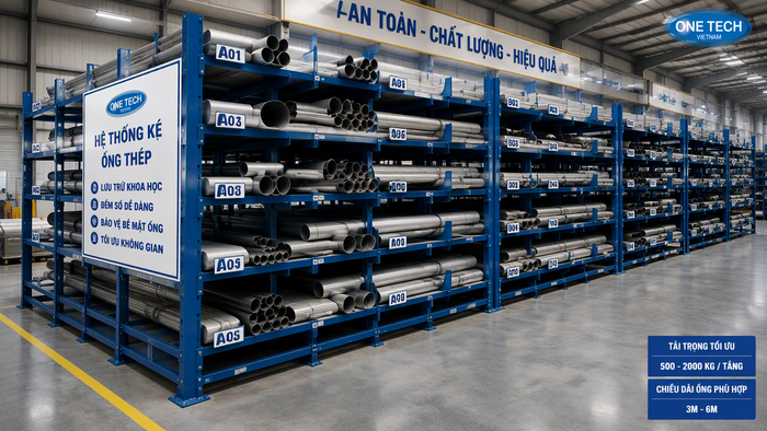 Kệ chứa ống thép công nghiệp chia tầng dễ kiểm đếm