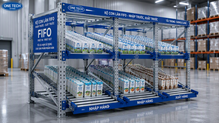 Kệ con lăn FIFO cho kho thực phẩm hạn sử dụng ngắn