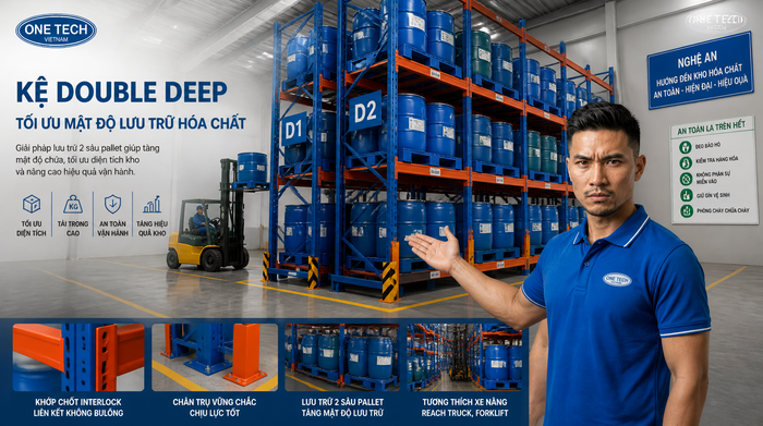 Kệ Double Deep cho kho hóa chất Nghệ An Kệ Double Deep tối ưu mật độ lưu trữ hóa chất trong kho Nghệ An