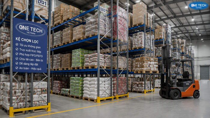 Kệ Selective lưu trữ pallet thực phẩm trong kho logistics