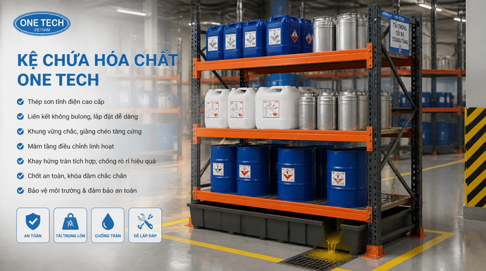 Khay hứng tràn cho kệ chứa hóa chất Khay hứng tràn lắp dưới kệ chứa hóa chất giúp kiểm soát rò rỉ
