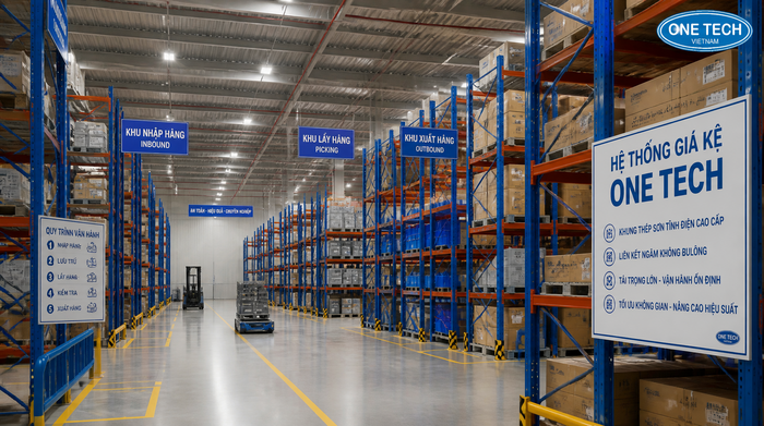 Layout kệ kho logistics Nghệ An tối ưu lối đi xe nâng