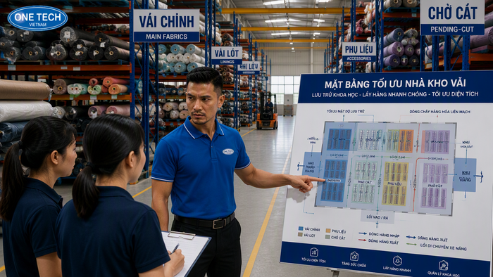 Mặt bằng kho vải tối ưu bằng kệ chứa vải