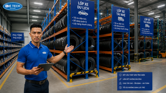 Tăng mật độ lưu trữ bằng kệ lốp xe trong kho công nghiệp
