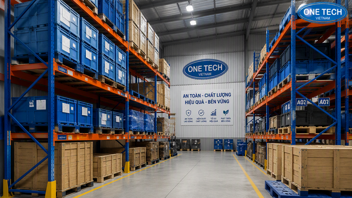 Pallet và thùng chứa hàng trong kho tại Nghệ An