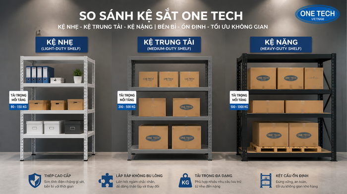 So sánh các loại kệ kho theo tải trọng So sánh kệ tải trọng nhẹ với kệ trung tải và kệ tải nặng