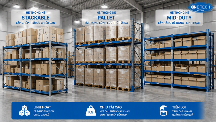 So sánh kệ xếp chồng với kệ pallet và kệ trung tải