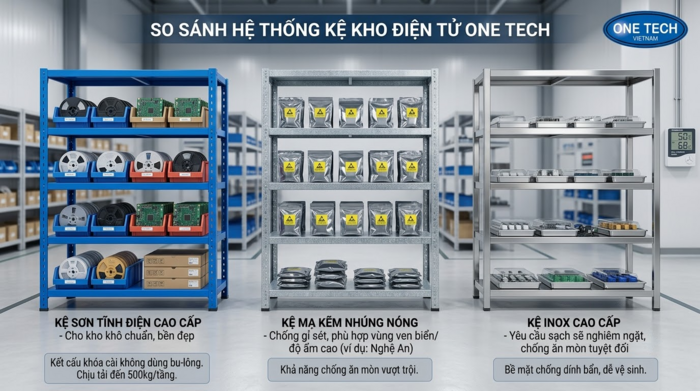 So sánh vật liệu kệ kho linh kiện điện tử tại Nghệ An