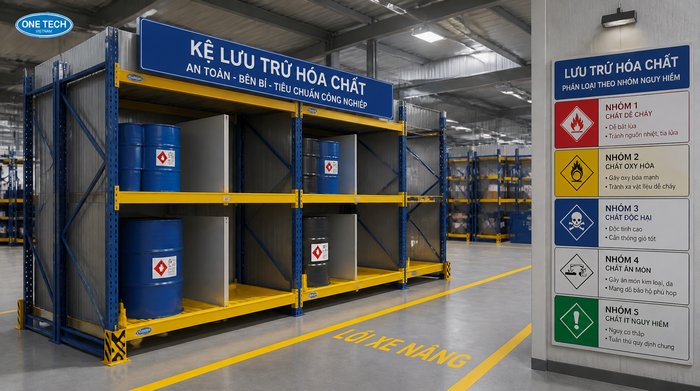 Thiết kế an toàn kệ kho hóa chất Thiết kế an toàn cho kệ kho hóa chất có phân khu và lối xe nâng