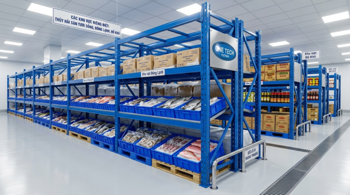 Kệ kho thủy hải sản hỗ trợ quy trình an toàn thực phẩm và vệ sinh kho