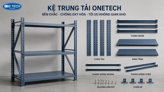 Cấu tạo kệ trung tải giá rẻ Cấu tạo kệ trung tải gồm chân trụ beam mâm tầng và giằng chịu lực