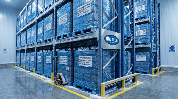 Kệ tải nặng lưu trữ pallet hàng đông lạnh trong kho thủy hải sản