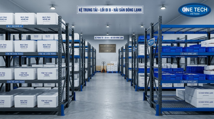 Kệ trung tải lưu trữ thùng xốp và khay nhựa hải sản tại Nghệ An