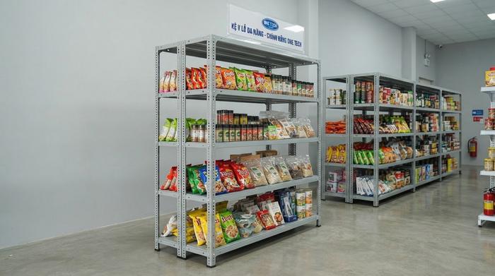Kệ V lỗ cho kho siêu thị mini và hàng nhẹ Kệ V lỗ dùng cho kho siêu thị mini tại Nghệ An