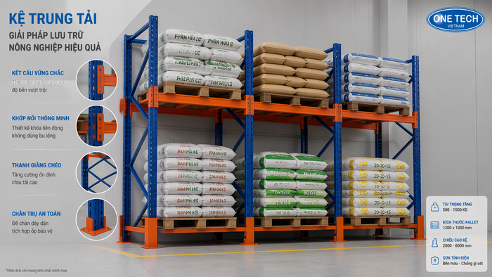 Kết cấu kệ kho nông sản chịu tải với cột beam và giằng