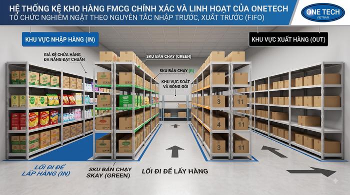 Tối ưu layout kệ kho FMCG Nghệ An theo FIFO và FEFO Sơ đồ bố trí kệ kho FMCG theo nguyên tắc FIFO